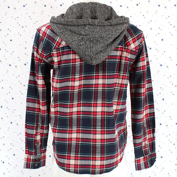 Removable Hood Button Plaid Shirt Taupe Red Navy - Picture 5 of 7